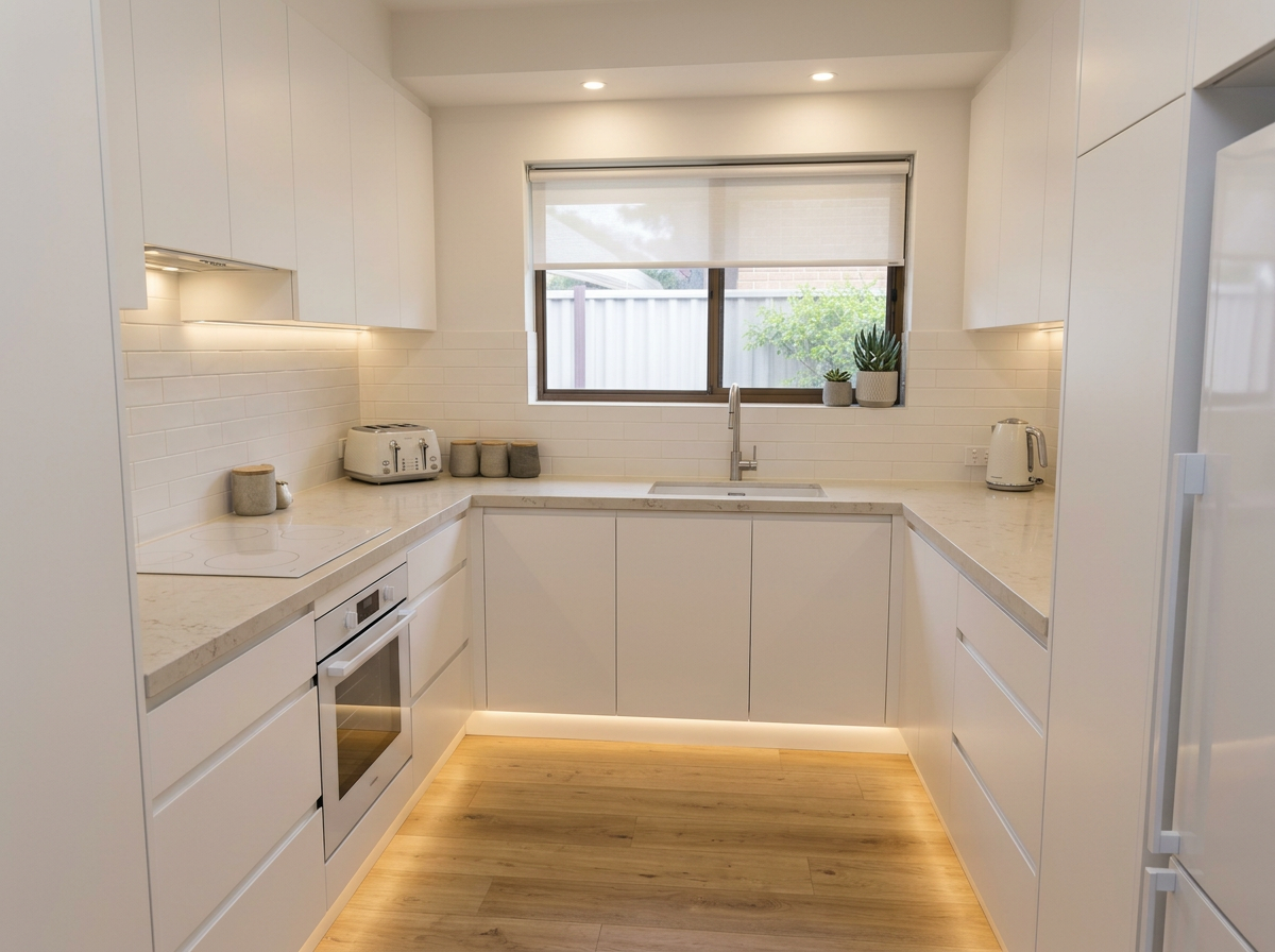 The same kitchen and unchanged window after renovation with white cabinetry and pale stone benchtops