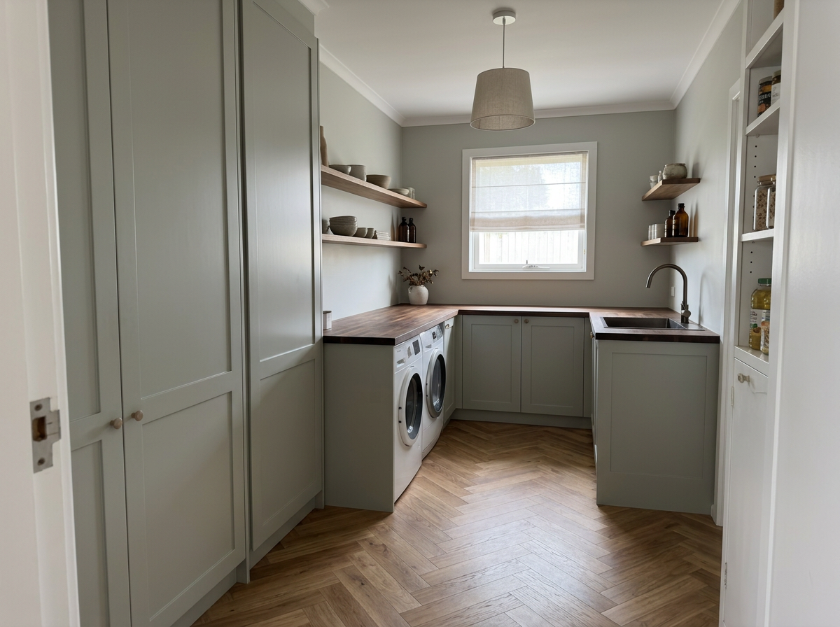 The same nook and unchanged window after renovation with full-height cabinetry and open timber shelves